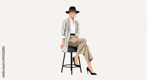 A stylish woman sitting on a stool wearing a black hat