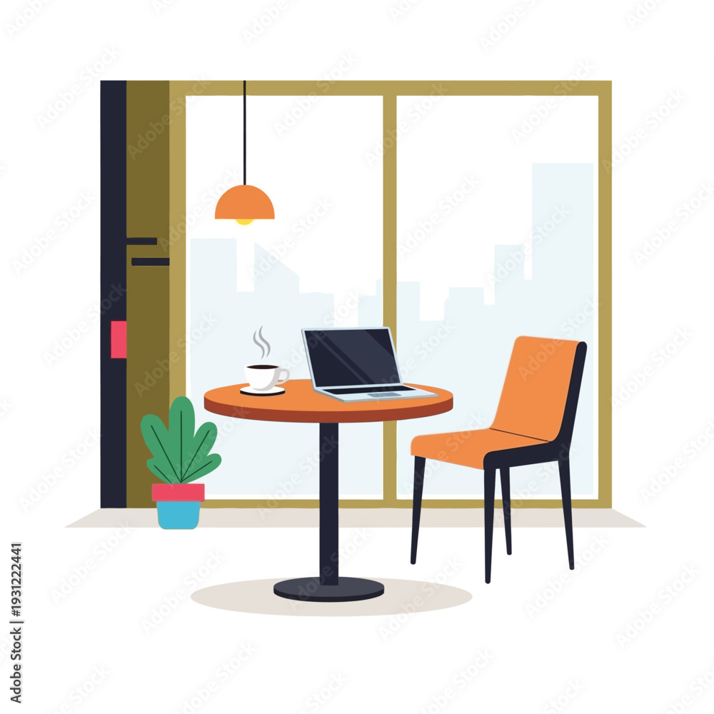 Fototapeta premium Cozy cafe scene with laptop, coffee, and plant by large window