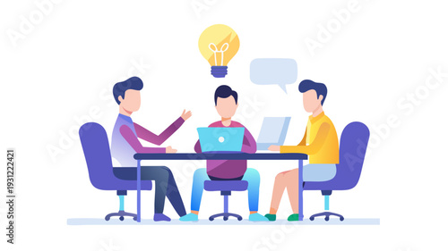 Team members discuss ideas for a collaborative project with a central figure leading the discussion and brainstorming new concepts during the meeting