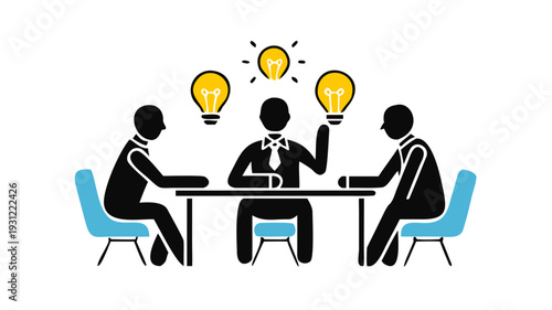 Team members discuss ideas for a collaborative project with a central figure leading the discussion and brainstorming new concepts during the meeting