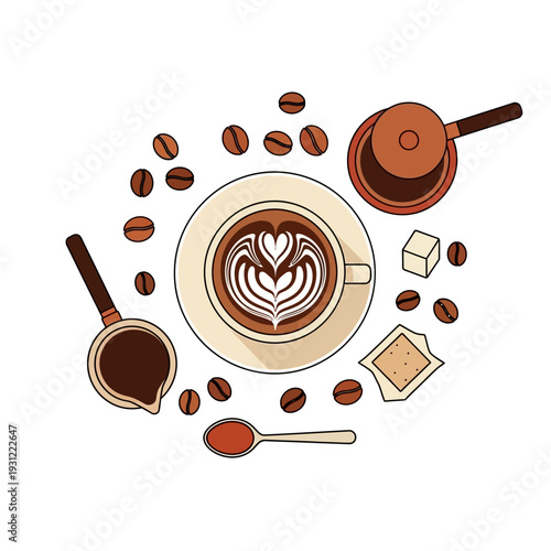 Latte Art Coffee Cup with Beans, Sugar Cubes, and Turkish Coffee Pot on White.