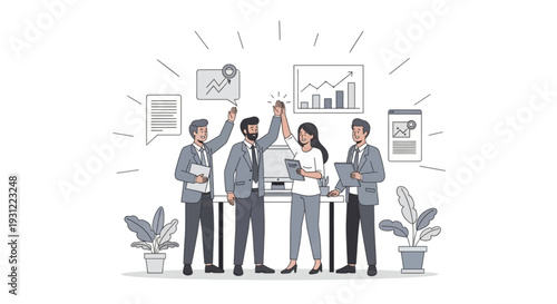 Business team celebrates success with high five in office showing achievement collaboration and growth with charts and data.