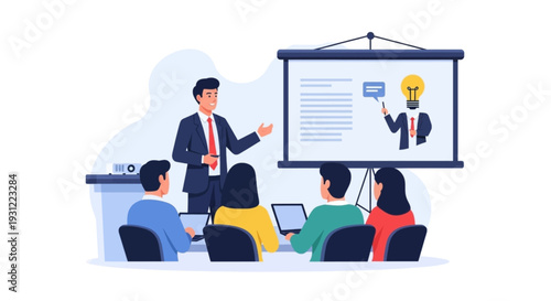 Professional man giving a business presentation to a diverse group of colleagues in an office setting with a projector screen showing ideas.