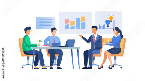 Team of business people having a brainstorming workshop or a meeting in an office, discussing a new project plan or a creative strategy, flat design vector ... See More