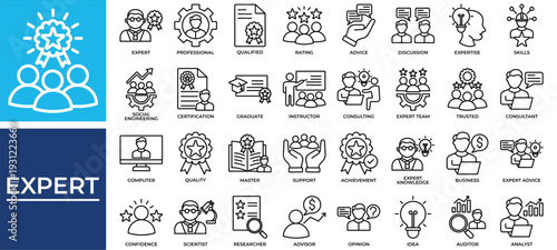Expert icon set collection. Containing instructor, teacher, think, advice, graduate, survey, discussion .Line vector icons collection