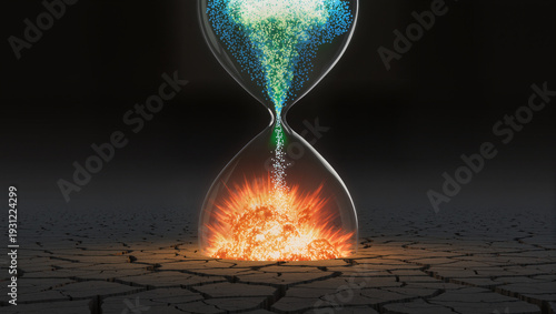 Abstract conceptual visualization of a nuclear countdown and geopolitical crisis. Symbolic representation of escalating military tension, the failure of diplomacy