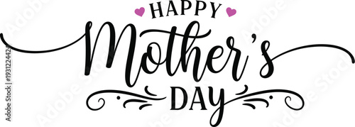 Elegant Happy Mother's Day Calligraphy Design with Pink Hearts and Decorative Swirls, Perfect for Greeting Cards and Celebrations