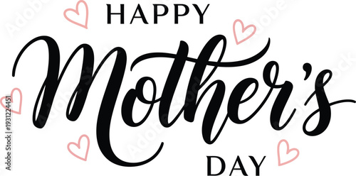 Elegant Black Script and Sans-Serif Typography Wishing "Happy Mother's Day" with Delicate Pink Hearts on a Clean White Background, Perfect for Celebration