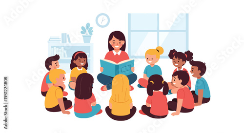 Modern flat vector illustration of kindergarten teacher reading storybook to children sitting in circle representing early literacy, imagination and preschool learning activity