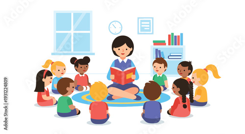 Modern flat vector illustration of kindergarten teacher reading storybook to children sitting in circle representing early literacy, imagination and preschool learning activity