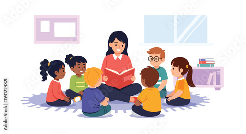 Modern flat vector illustration of kindergarten teacher reading storybook to children sitting in circle representing early literacy, imagination and preschool learning activity