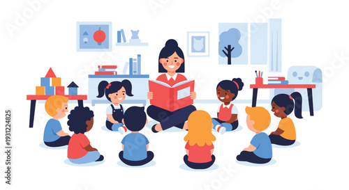 Modern flat vector illustration of kindergarten teacher reading storybook to children sitting in circle representing early literacy, imagination and preschool learning activity