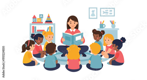 Modern flat vector illustration of kindergarten teacher reading storybook to children sitting in circle representing early literacy, imagination and preschool learning activity