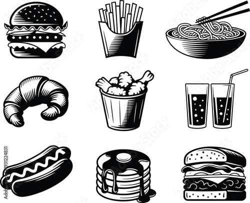 Black and white fast food icon set burger fries noodles croissant hotdog pancakes soda vector illustration collection