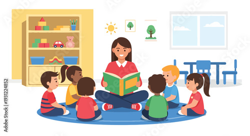 Modern flat vector illustration of kindergarten teacher reading storybook to children sitting in circle representing early literacy, imagination and preschool learning activity