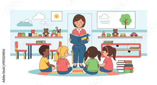 Modern flat vector illustration of kindergarten teacher reading storybook to children sitting in circle representing early literacy, imagination and preschool learning activity
