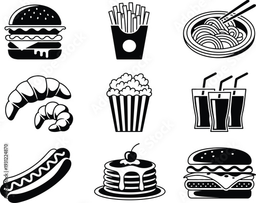 Black and white fast food icon collection burger fries noodles croissant popcorn drinks hotdog pancakes vector illustration
