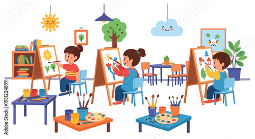Modern flat vector illustration of children painting on easels in classroom representing creativity, art education and early childhood skill development