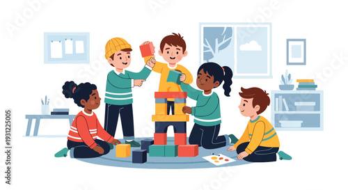 Modern flat vector illustration of kids building block tower together on classroom floor representing teamwork, motor skills and playful educational activity