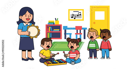 Modern flat vector illustration of kindergarten children singing and playing simple instruments with teacher representing music education and joyful classroom activity