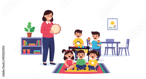 Modern flat vector illustration of kindergarten children singing and playing simple instruments with teacher representing music education and joyful classroom activity