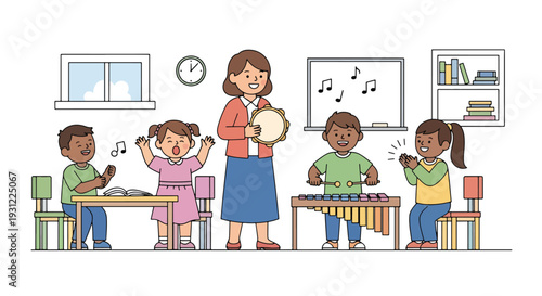 Modern flat vector illustration of kindergarten children singing and playing simple instruments with teacher representing music education and joyful classroom activity