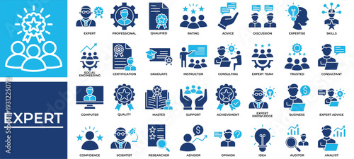 Expert icon set collection. Containing instructor, teacher, think, advice, graduate, survey, discussion .Solid vector icons collection