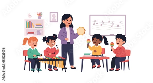 Modern flat vector illustration of kindergarten children singing and playing simple instruments with teacher representing music education and joyful classroom activity