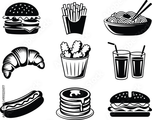 Black and white fast food icons burger fries noodles croissant chicken drinks hotdog pancakes vector illustration set