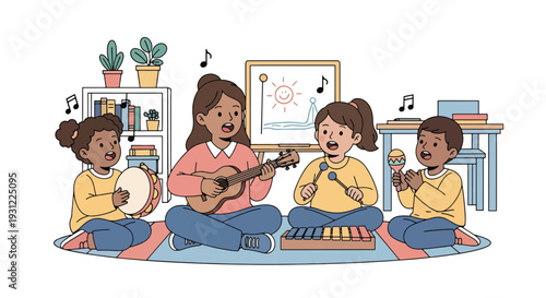 Modern flat vector illustration of kindergarten children singing and playing simple instruments with teacher representing music education and joyful classroom activity