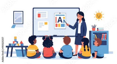 Modern flat vector illustration of teacher showing alphabet chart to children representing early literacy development and foundational preschool education