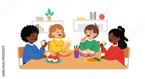 Modern flat vector illustration of children eating healthy snacks at classroom table representing daily school routine and social preschool environment