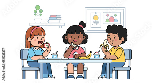 Modern flat vector illustration of children eating healthy snacks at classroom table representing daily school routine and social preschool environment
