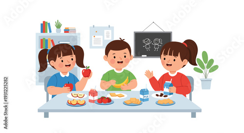 Modern flat vector illustration of children eating healthy snacks at classroom table representing daily school routine and social preschool environment