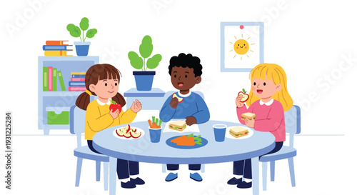 Modern flat vector illustration of children eating healthy snacks at classroom table representing daily school routine and social preschool environment