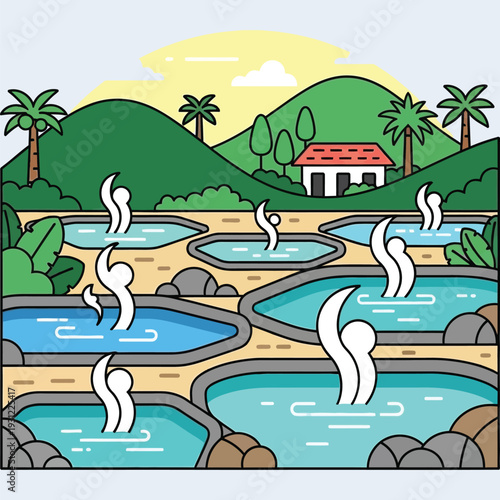 Illustration of natural hot spring pools surrounded by lush green hills, palm trees, and a small house
