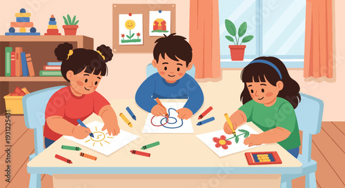 Modern flat vector illustration of children drawing with crayons at table representing creative expression, art learning and preschool classroom activity