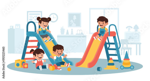 Modern flat vector illustration of kindergarten kids playing on indoor slide and toys representing joyful early childhood development and school activity