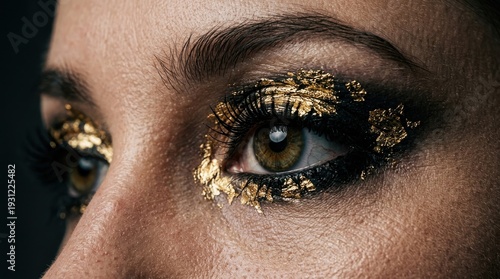 Close-up of a woman's eye with dramatic black eyeshadow and sparkling gold leaf accents, creating a luxurious and artistic makeup look against a dark background.