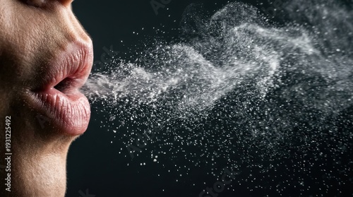 Close-up of a woman's mouth exhaling a fine mist of water droplets in a dramatic, moody, dark studio setting.