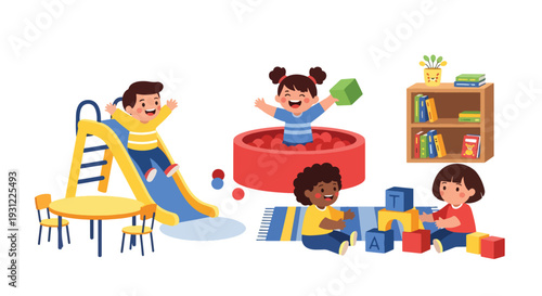 Modern flat vector illustration of kindergarten kids playing on indoor slide and toys representing joyful early childhood development and school activity