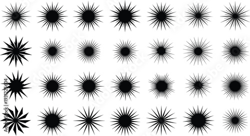 Black sunburst starburst shape collection with radial rays, vintage retro explosion badge vector set