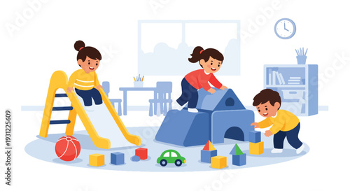 Modern flat vector illustration of kindergarten kids playing on indoor slide and toys representing joyful early childhood development and school activity