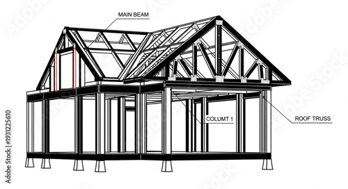 Architectural drawing of a house frame structure.