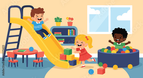 Modern flat vector illustration of kindergarten kids playing on indoor slide and toys representing joyful early childhood development and school activity