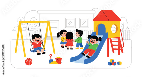 Modern flat vector illustration of kindergarten children playing on swings and slides in playground representing active lifestyle, social interaction and joyful early education