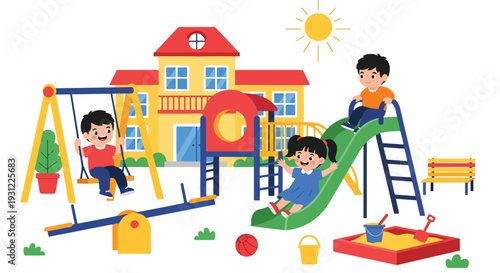 Modern flat vector illustration of kindergarten children playing on swings and slides in playground representing active lifestyle, social interaction and joyful early education