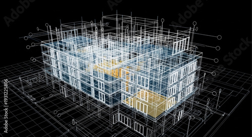 3D digital model of a modern building structure.