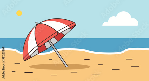 Beach scene illustration with red umbrella sand ocean and blue sky