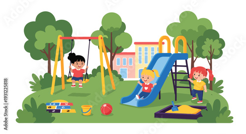 Modern flat vector illustration of kindergarten children playing on swings and slides in playground representing active lifestyle, social interaction and joyful early education